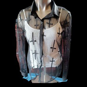 🖤Love Culture Collared Button Down Black Sheer Mesh Blouse🖤